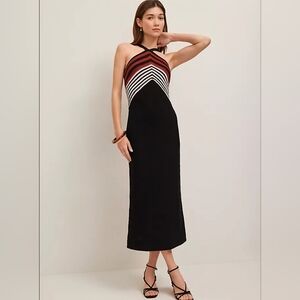 Ann Taylor Stunning Black Crochet Knit Midi-Maxi Sexy Halter Dress Boho Elegant